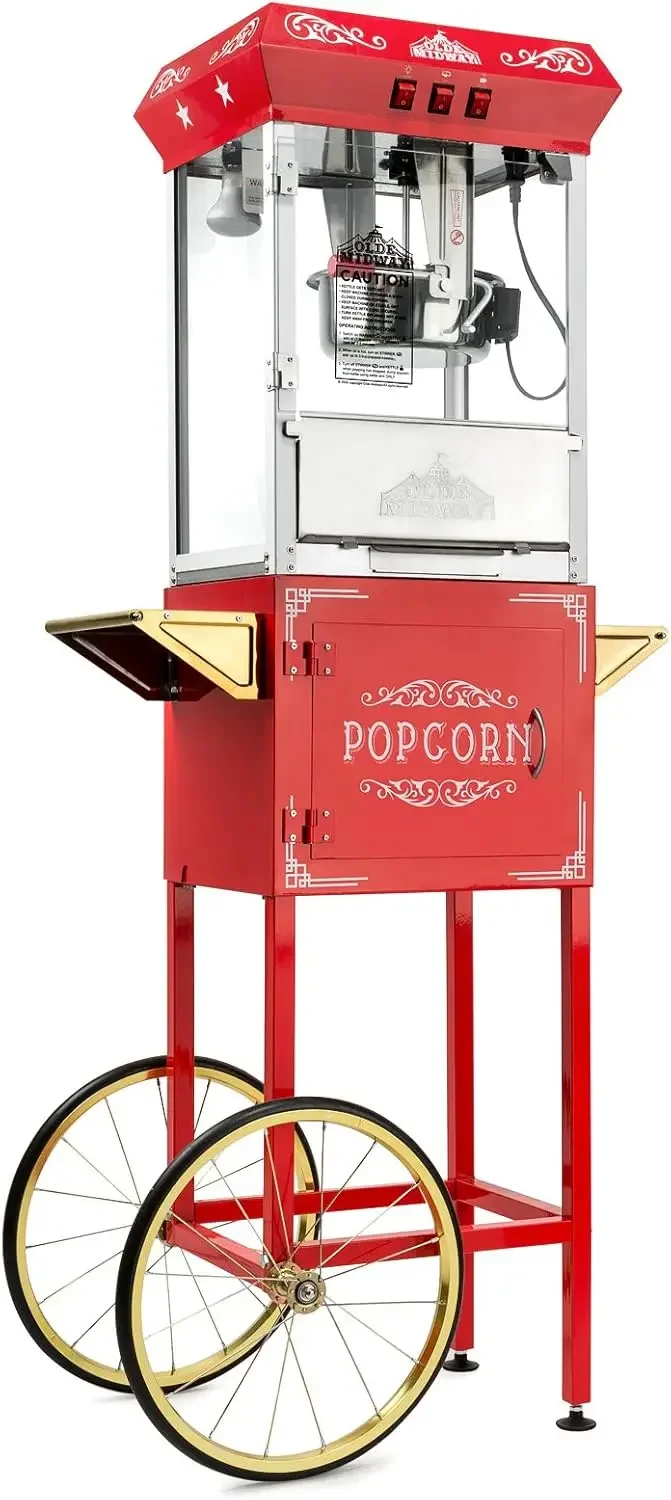 Midway Vintage Style Popcorn Machine Maker Popper พร้อมรถเข็นและกาต้มน้ํา 10 ออนซ์ - สีแดง