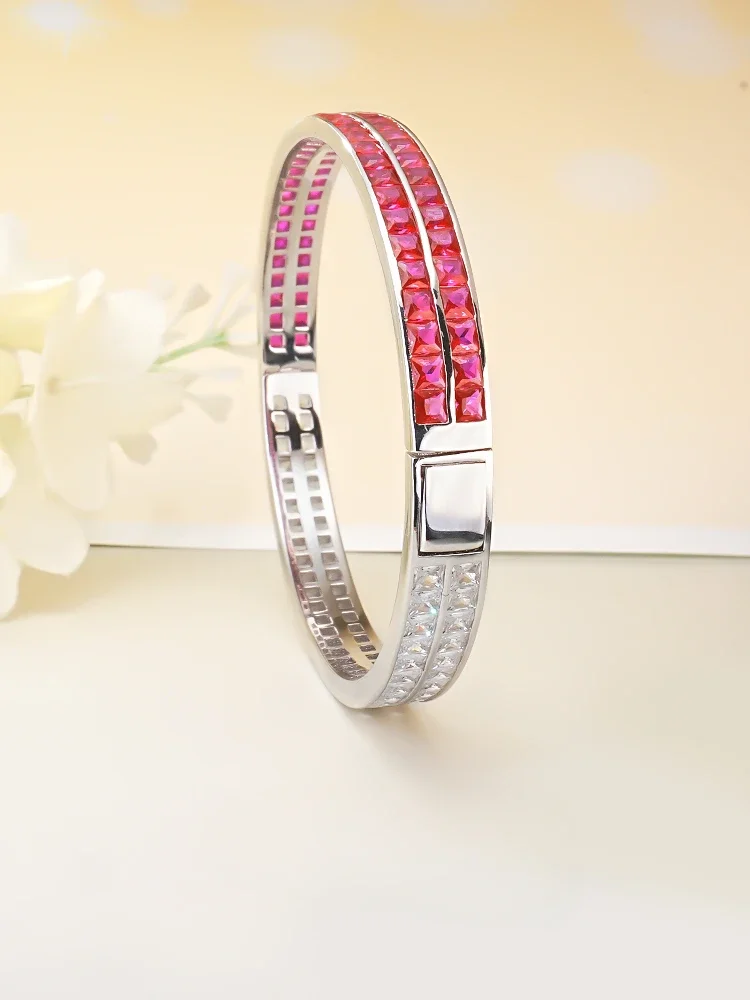

Light Luxury Double Rowed Colorful Treasure 925 Sterling Silver Bracelet Set with High Carbon Diamond Layered Wedding Jewelry