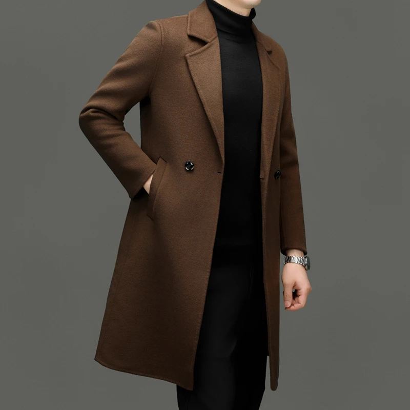 Winter Autmen Men Cashmere Blend Overcoat Old Money Style Wool Coat Gray Black Coffee Notched Collar Back Split Design Attire