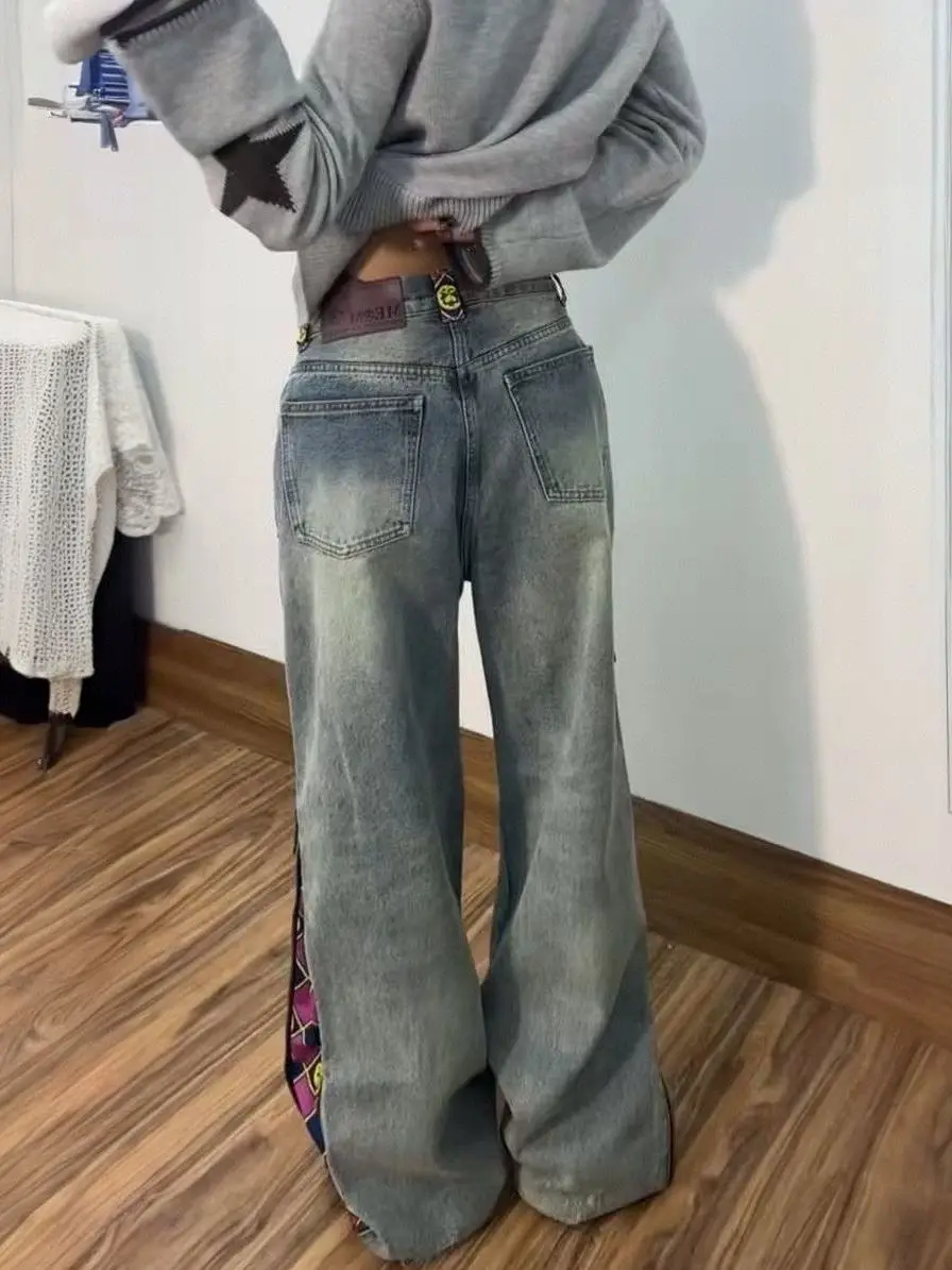 المرأة المطبوعة المرقعة فضفاض الجينز مستقيم الساق فضفاضة تناسب الدنيم عالية الخصر الجينز السراويل عادية عالية الخصر السراويل بنطلون