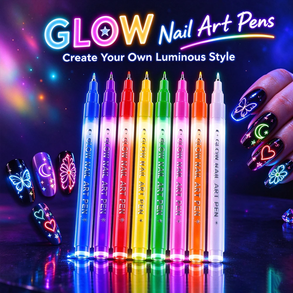 8 Colors Glow Nail Art Pens, Fine Metal Tip, for Star Moon Flower Nail Patterns