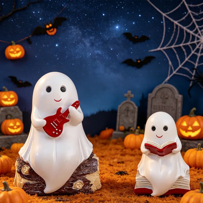 2PCS  Resin Halloween Ghost Pumpkin Decor Ornament Skull Pumpkin Figurine Table Decoration Halloween Party Scene Layout Craft