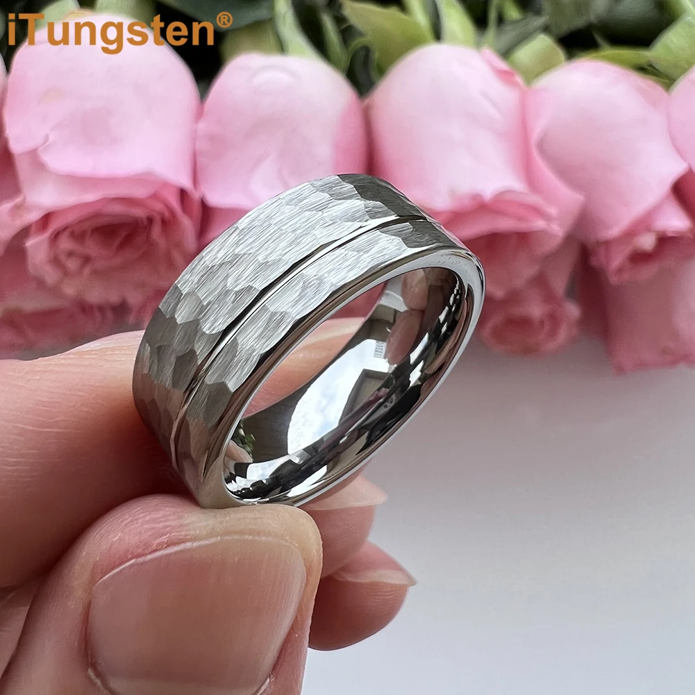 

iTungsten Drop Shipiping 8mm Fashion Hammer Ring Men Women Tungsten Wedding Band Grooved Brushed Finish Comfort Fit