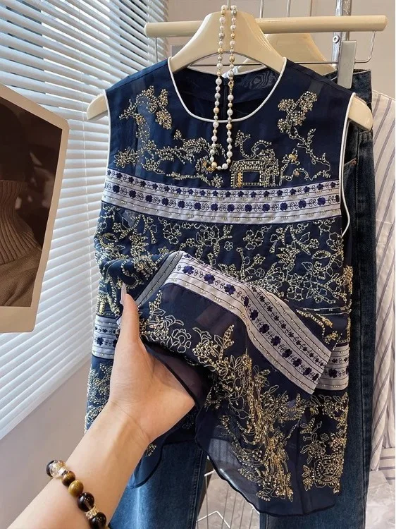 

Шелковый Т-топ с тяжелой вышивкой А-силуэта с открытой передней частью, двухслойный без насадок, новый китайский летний тонкий хлопок