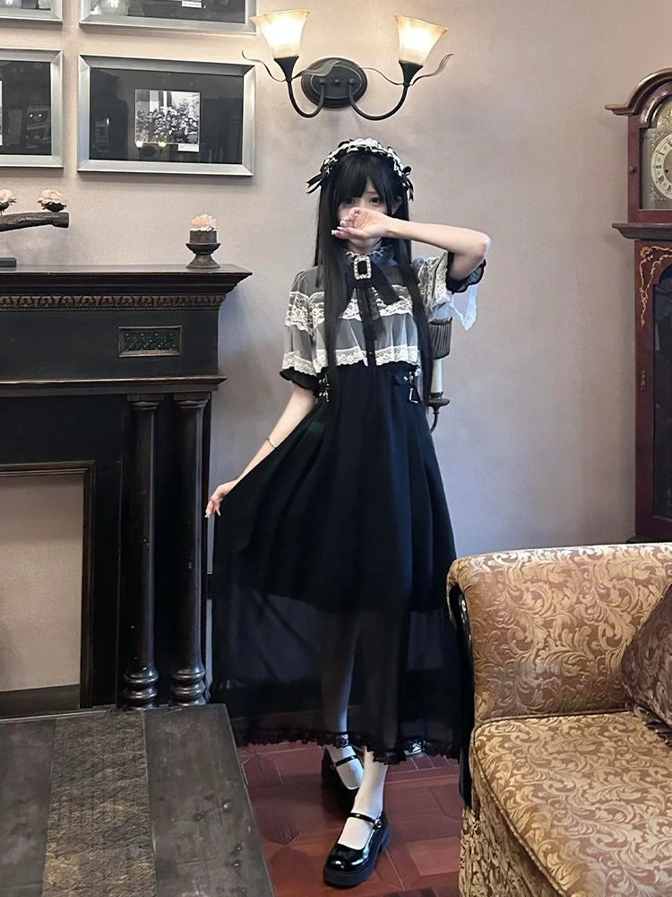 Summer Fashion Sweet Bow Stand Collar Vestidos Mujer Y2k Lace Short Sleeve Dress for Women New High Waist Dresses Chic - Image 4