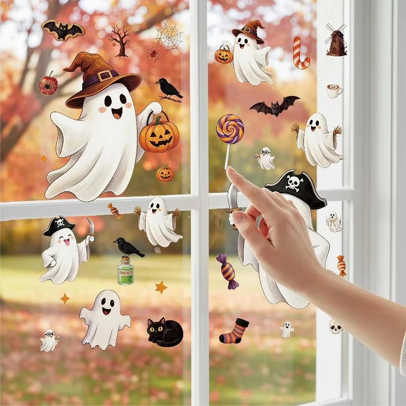 Halloween Decorations Creative Pumpkin Ghost Glass Sticker Happy Halloween Day DecorBat Spider Ghost House Electrostatic Sticker