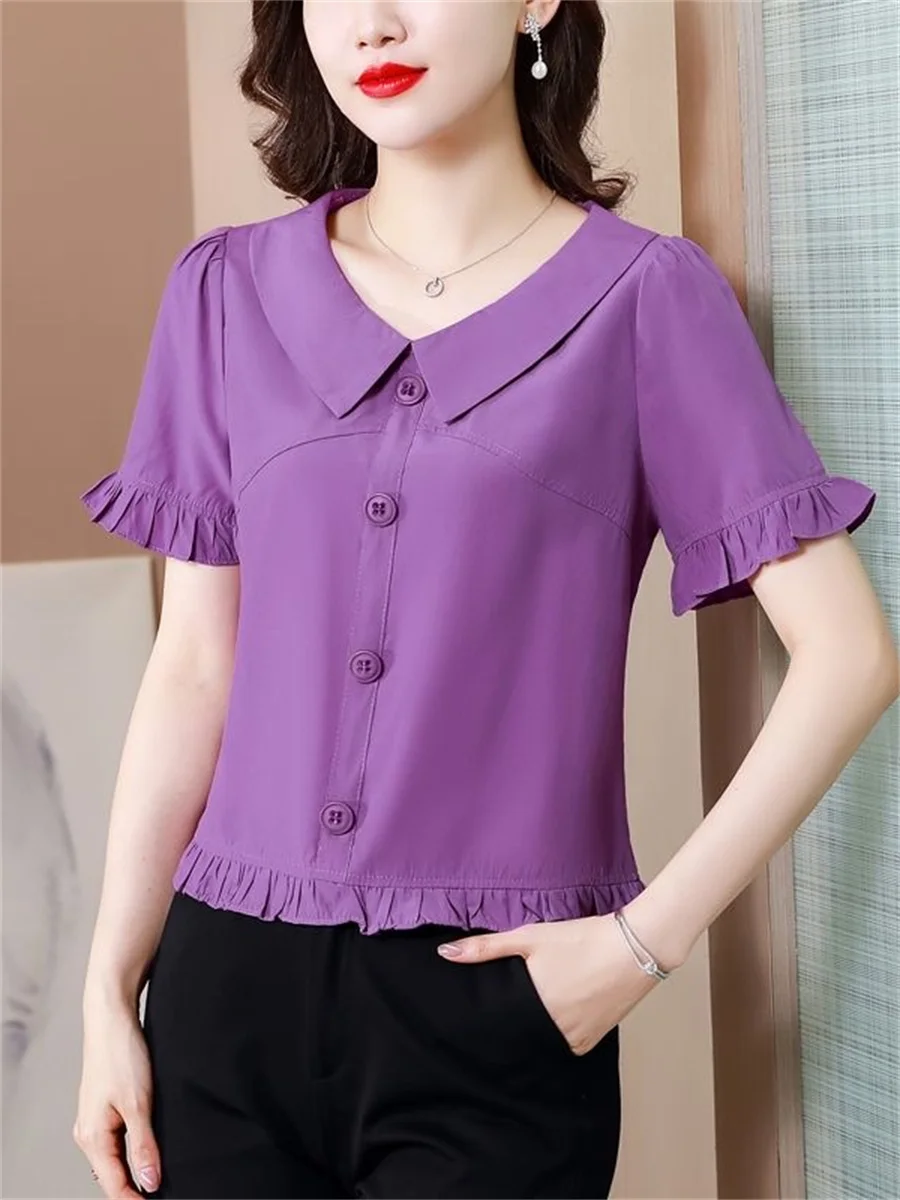 Woman Summer Style Slim Blouses Tops Lady Casual Half Lantern Sleeve Peter Pan Collar Solid Color Blusas Tops DF4405