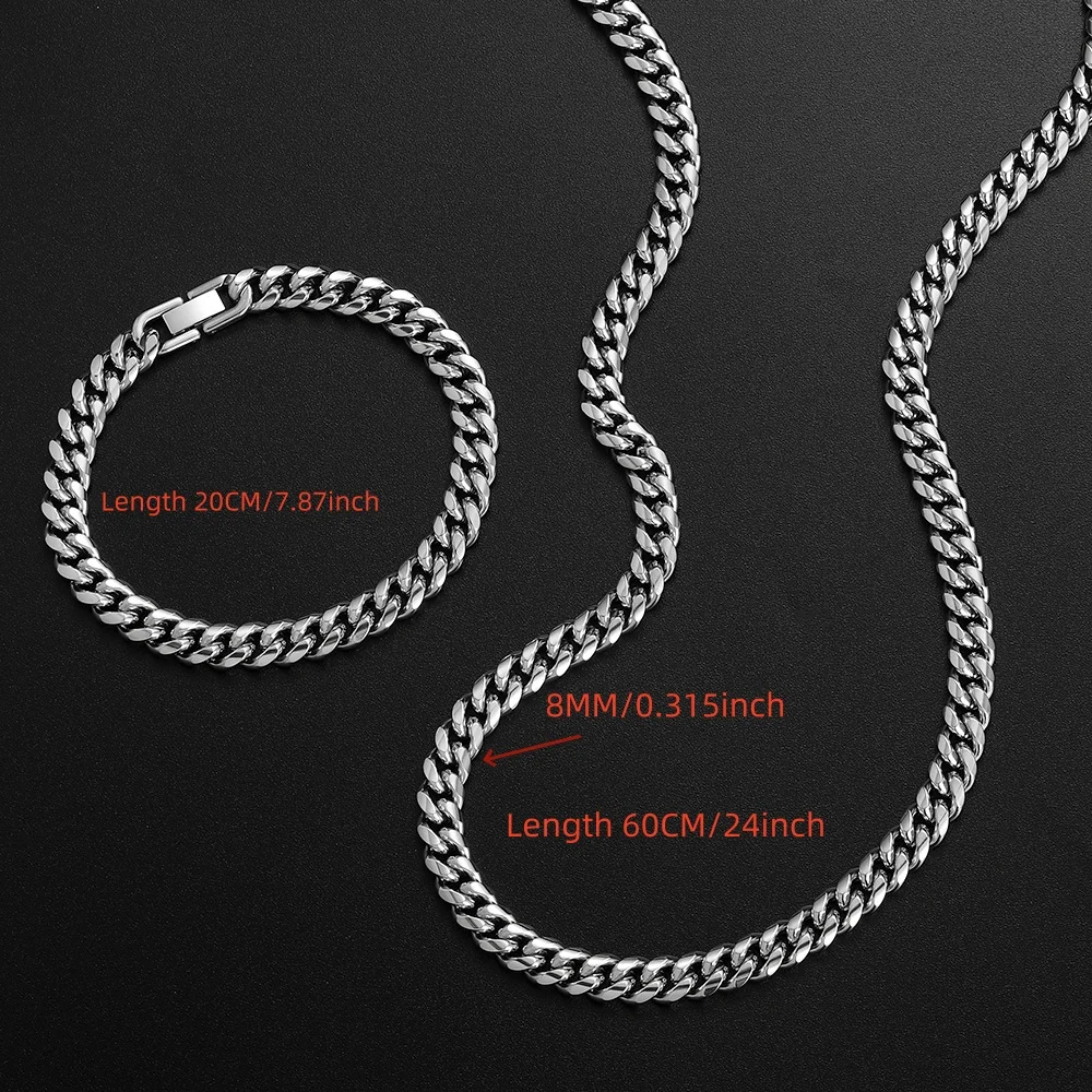 Width 8MM 316L Stainless Steel Encrypted Cuban Chain Necklace Bracelet Fashion Men Jewelry Set Hip Hop Party Gift Accessories