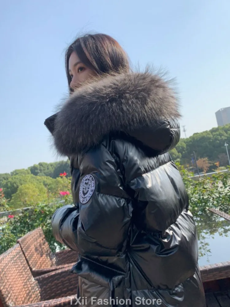 Oversized raccoon fur Down Jacket women Female Winter Natural RealFur Fur Collar 90% White Duck Down Warm Bright Leather Coat