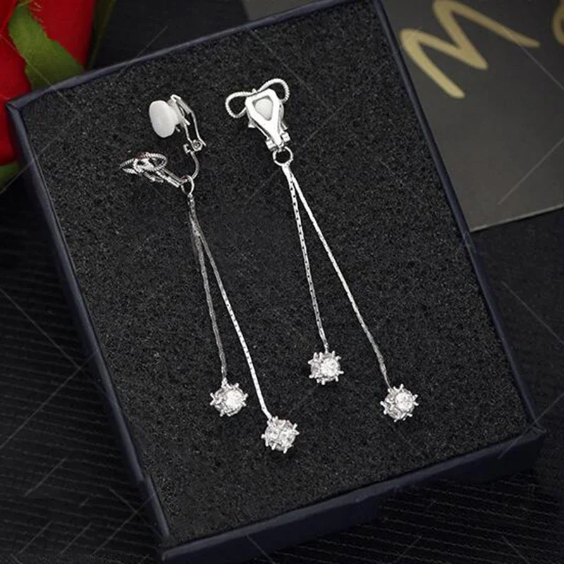 GRACE JUN AAA CZ Bow-knot Fan Heart Long Clip on Earrings Fashion Bridal Weddings Drop Tassel Earrings Jewelry No Hole Earrings