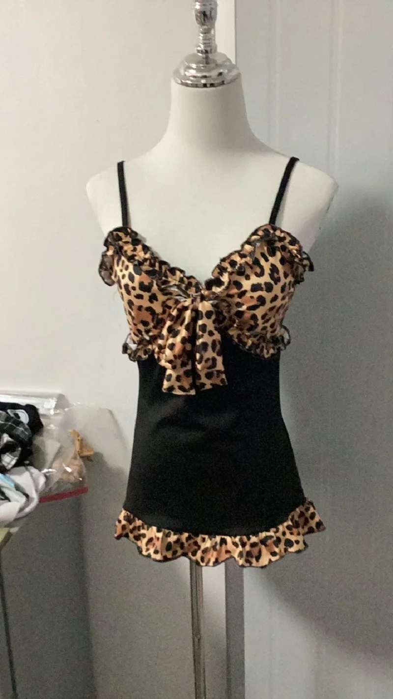Y2K Leopard Print Ruffle Cami Top Women Bow Front Spaghetti Strap Tank Top Patchwork Sleeveless Slim Fit Vintage Gothic Party Ca
