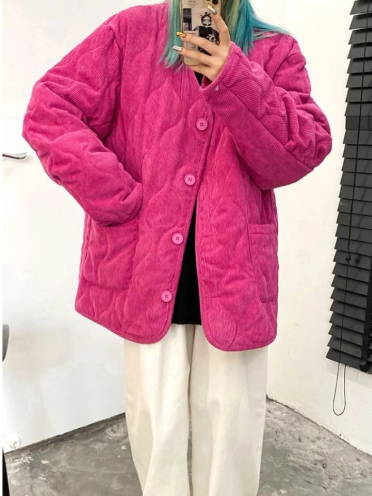 

Winter Jacket Women Super Hot Single-breasted Lapel Long Pink Loose Warm Plaid Top Casual Streetwear Quilted Coats Female Coat