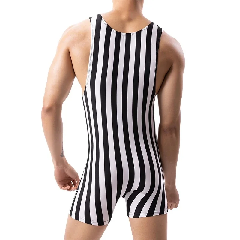 Mens Striped Bodysuits Undershirts Boxers Underwear Sleeveless Fitness Wrestling Singlet Slip Jumpsuits Leotard Seamless Rompers