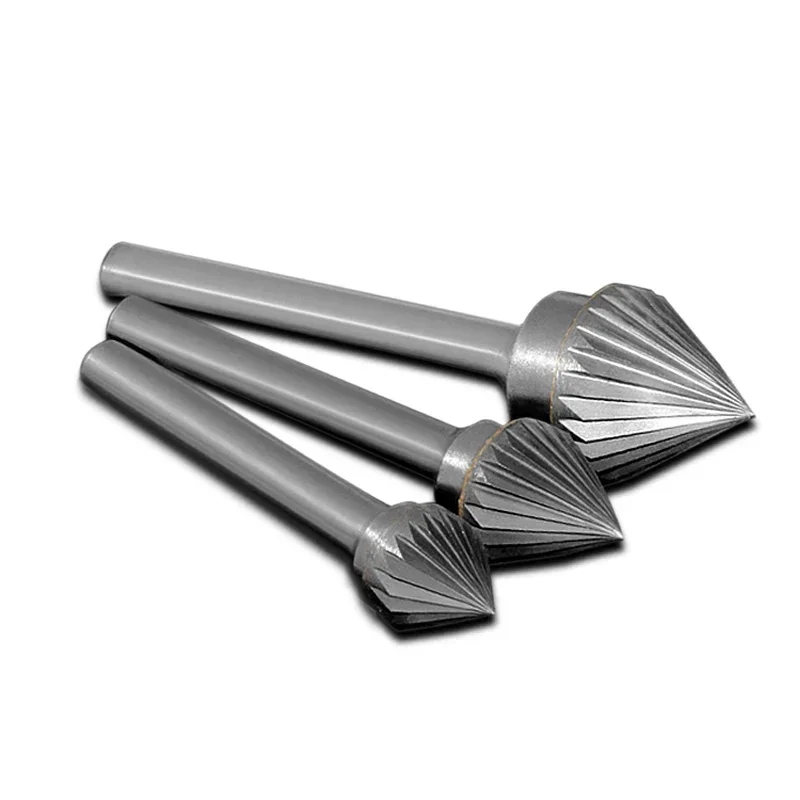 Alloy Rotary File Tungsten Steel Hard Wood Carving Tools J-Type 60 Degrees Conical Milling Cutter Grinding Head 6mm Handle