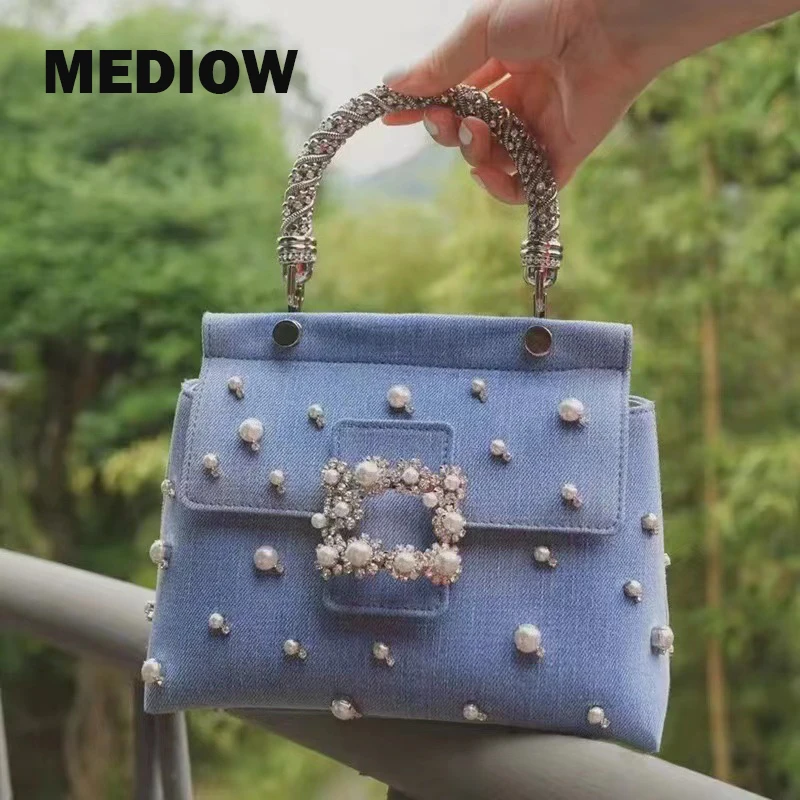 

MEDIOW Lady Evening Bags For Women Luxury Designer Handbag 2023 New In Denim Satin Imitation Diamond Pearl Metal Handle Shoulder