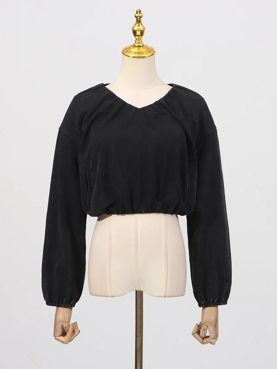 VGH American Casual Spliced Folds Hoodie for Women V Neck Long Sleeve Loose Short Style Minimalist Sweatshirt Female Autumn New