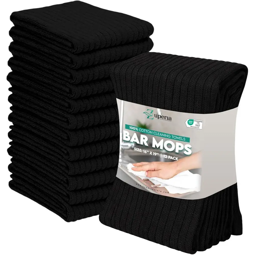 

12-Pack 16x19 100% Ring Spun Cotton Kitchen Towels - Highly Absorbent Dish Cloths for Cleaning and Everyday Use (Black)