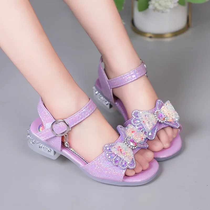 Meisjes Sandalen 2024 Zomer Nieuwe Mode Kids Prinses Schoenen Strik Strass Soft Bottom Kinderen Casual Strandschoenen