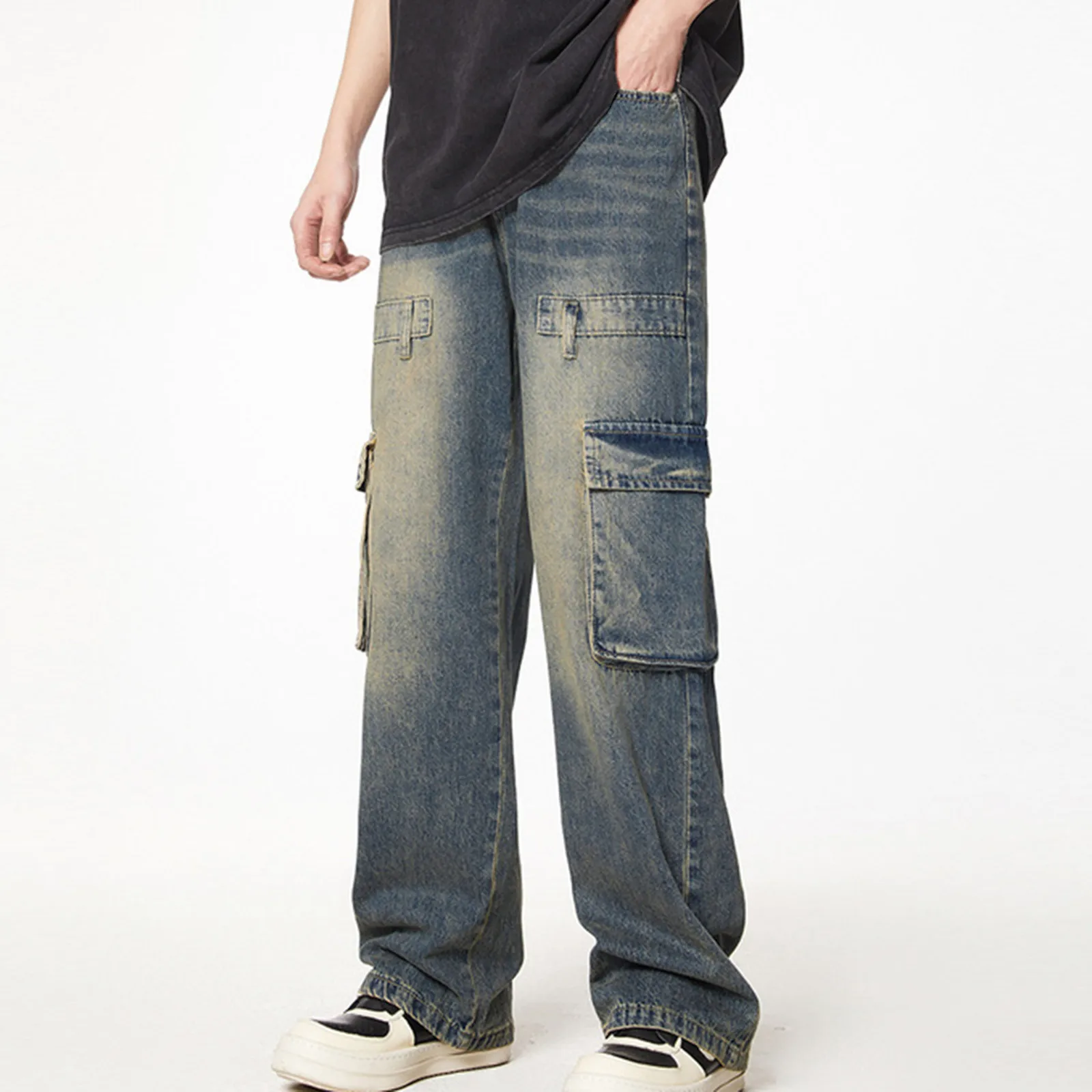 

Men's Blue High Street Baggy Pocket Denim Jeans Loose Hip Hop Techwear Cargo Pants For Men