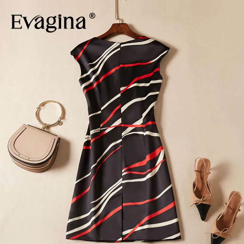 Evagina New Fashion Runway Designer Dress Women's Sleeveless Striped  Print High Street Black S-XXL Mini Dresses