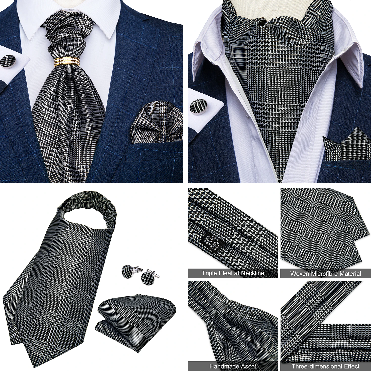 Luxury Men Green Blue Paisley Ascot Tie Set Solid Necktie Ring Wedding Party Cravat Purple Ties Pocket Sqaure Cufflink Free Ship