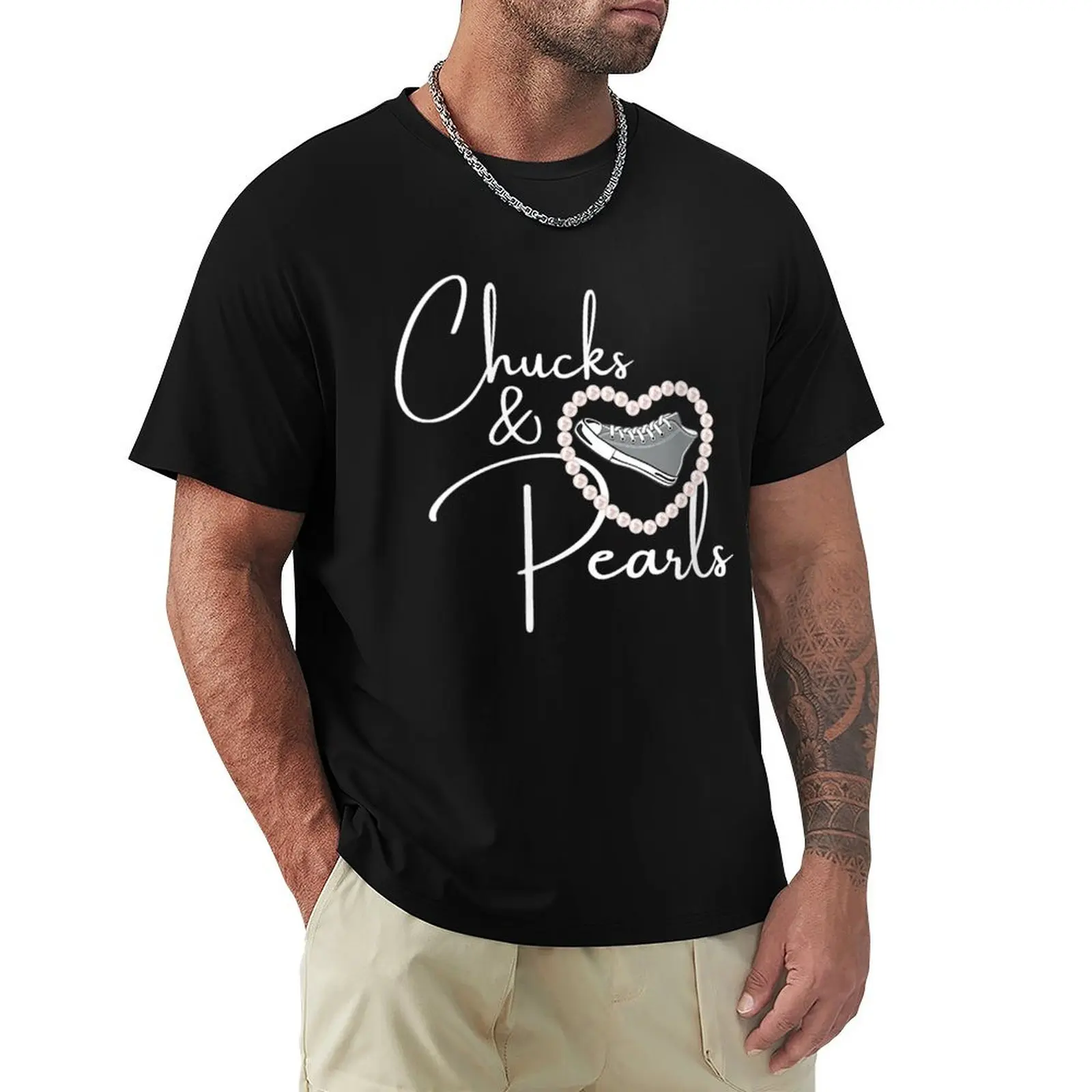 Womens Chucks and Pearls 2021 Valentine Heart Gray Gift T-Shirt Casual Fashion Print Tee Top