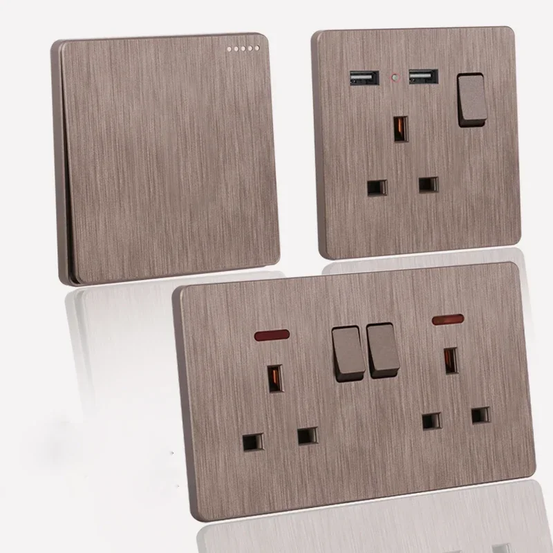 UK 13 A British Standard Switch Multifunction Socket PC Flame Retardant Brushed Gray Panel 1-4 Gang 2 Way Switch for Living Room