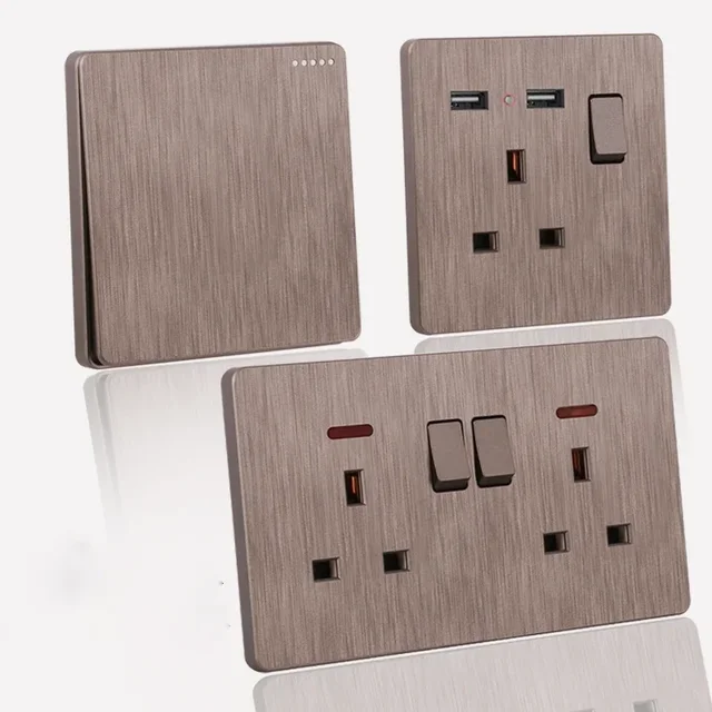 W wielkiej brytanii 13 Standard brytyjski przełącznik wielofunkcyjny gniazdo PC zmniejszających palność szczotkowanego szary Panel 1-4 Gang 2 Way przełącznik do salonu