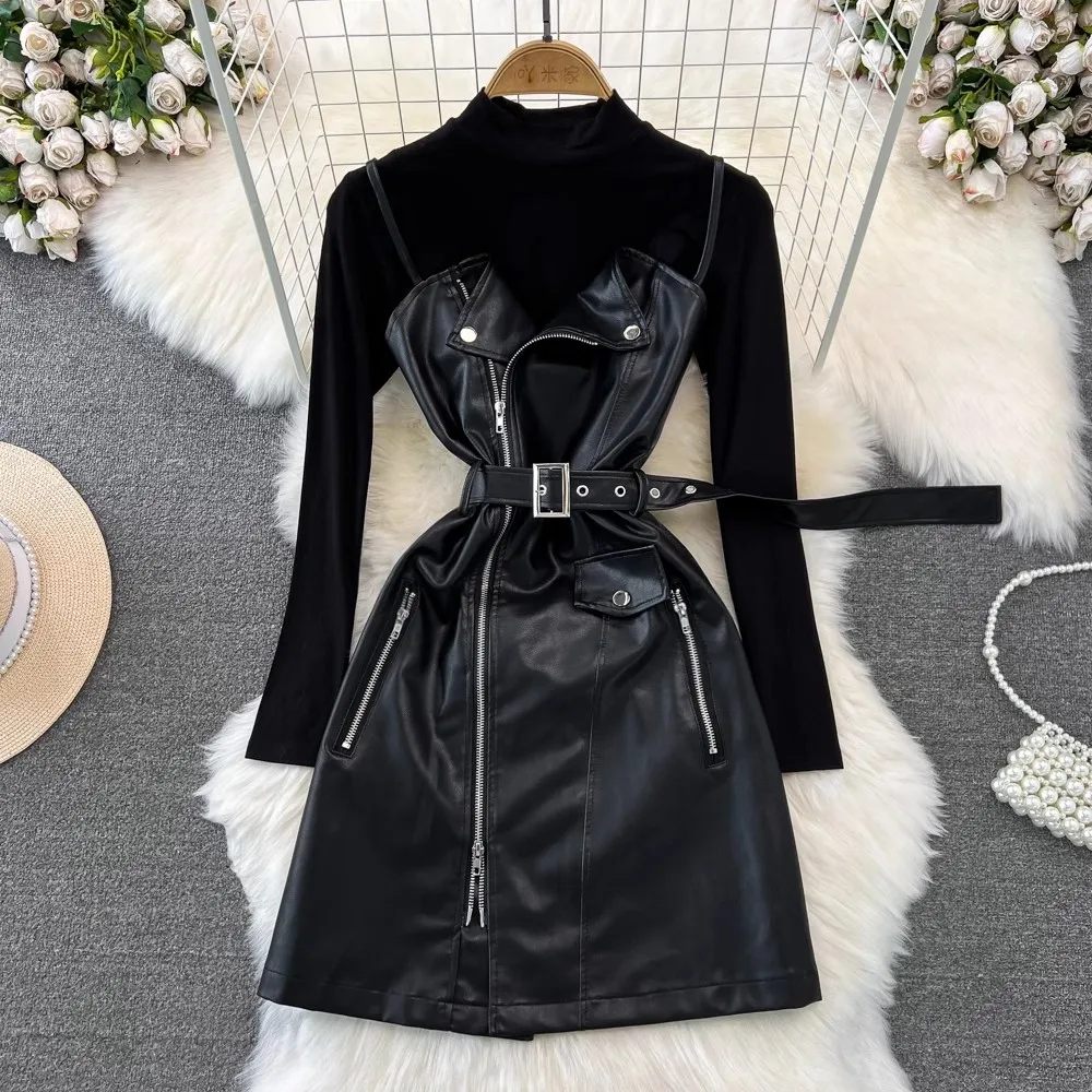 Fashion Two Piece Set PU Leather Dress Women Spring Autumn Spaghetti Strap Mini Dress With Belt Black Sundress Vestidos