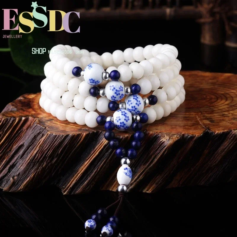 NaturalBodhi Root Handmade Retro Rosary = Blue And White Porcelain Accessories Beads Bracelet Creative DIY Jewelry