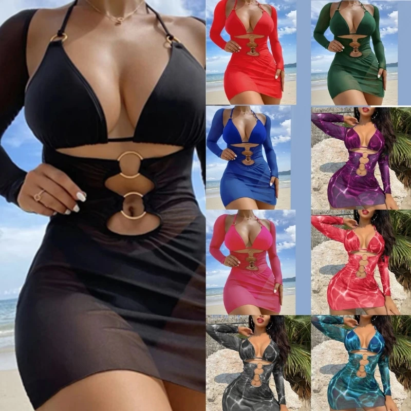 

Women Solid Color Bathing Suit Halters Thong Swimwears Summer Three Pieces Split Swimsuits with Long Sleeves Cover Up D5QD