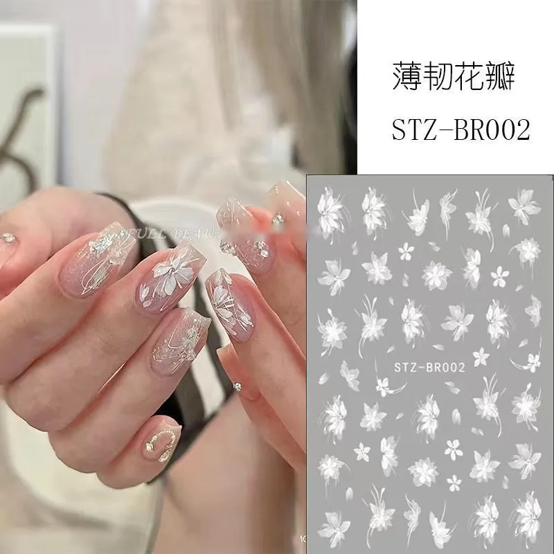 White Ice Flower Camellia Nail Stickers Waterproof Self Adhesive Cherry Blossom Decals for Manicure DIY Hot Selling