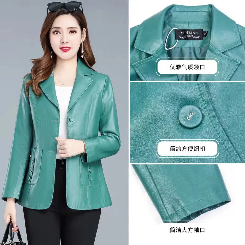 Women Leather Jacket Casual Lady Leather Blazers Coat New Female 6XL Green Leather Clothing Outerwear Autumn Female Soft Jacket