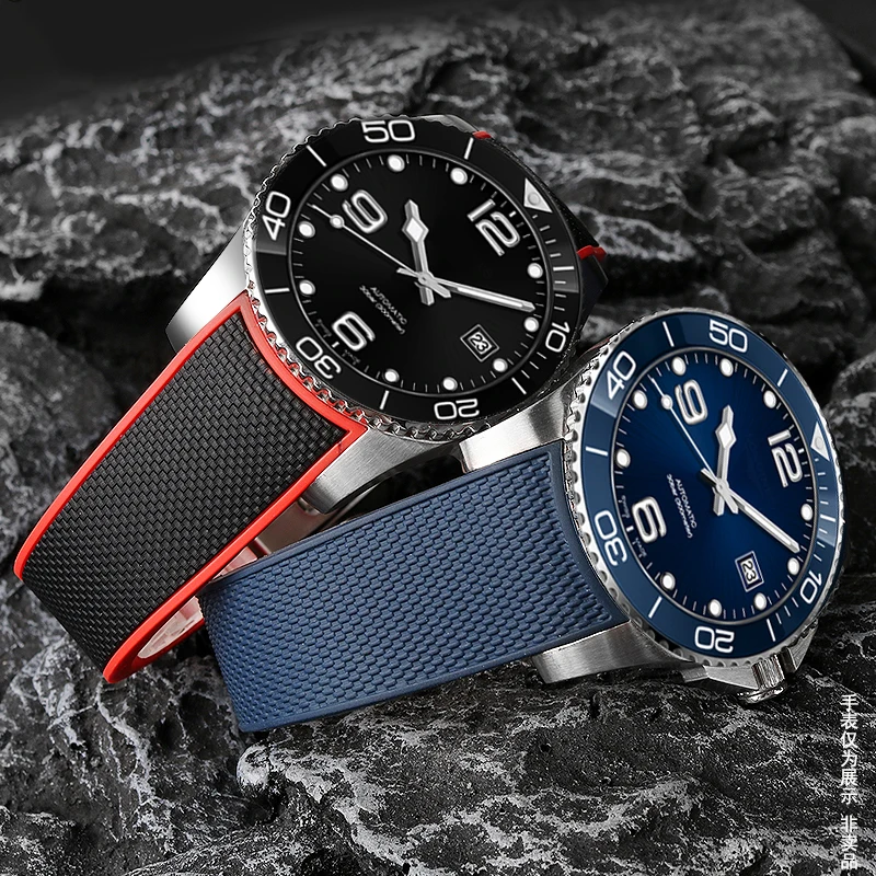 For Longines HydroConquest L3.781/642/742/782 21mm Blue Silicone Dive Watch Band - Curved End Rubber Strap Replacement