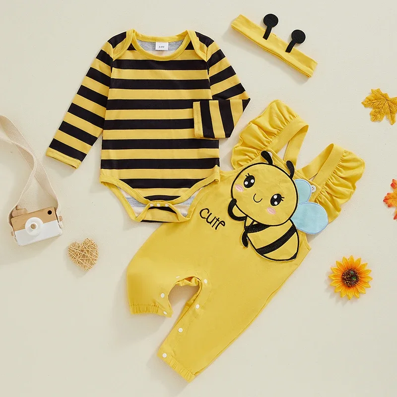 Infant Baby Girl Halloween Outfits Long Sleeve Stripe Romper + Overalls + Headband Set Bee Costume Newborn Clothes