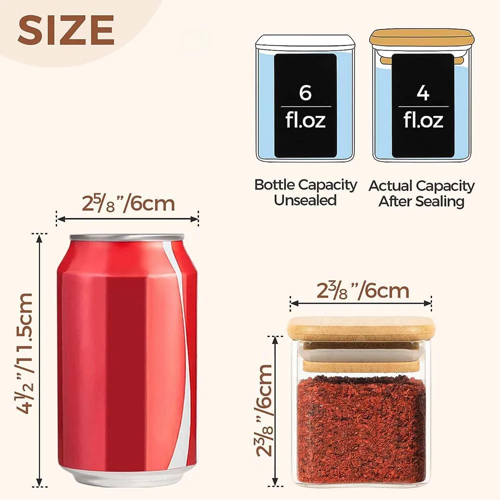 4oz Glass Spice Jars with Bamboo Lid, Airtight Square Spice Containers with Labels, Empty Seasoning Jars for Spice Salt Sugar