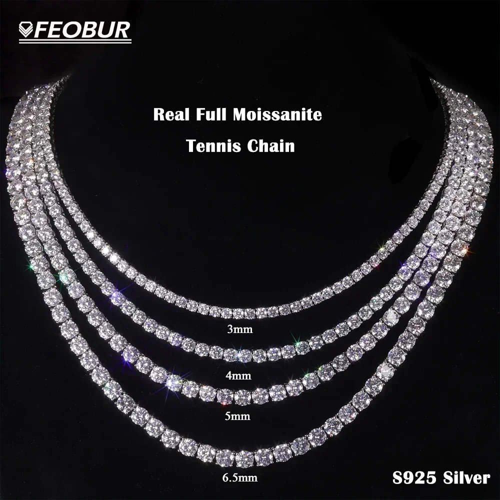 FEOBUR-collar de tenis de moissanita auténtica para hombre y mujer, 3/4/5mm, plata S925, cadenas de cuello con diamantes, regalo de joyería de moda para fiesta