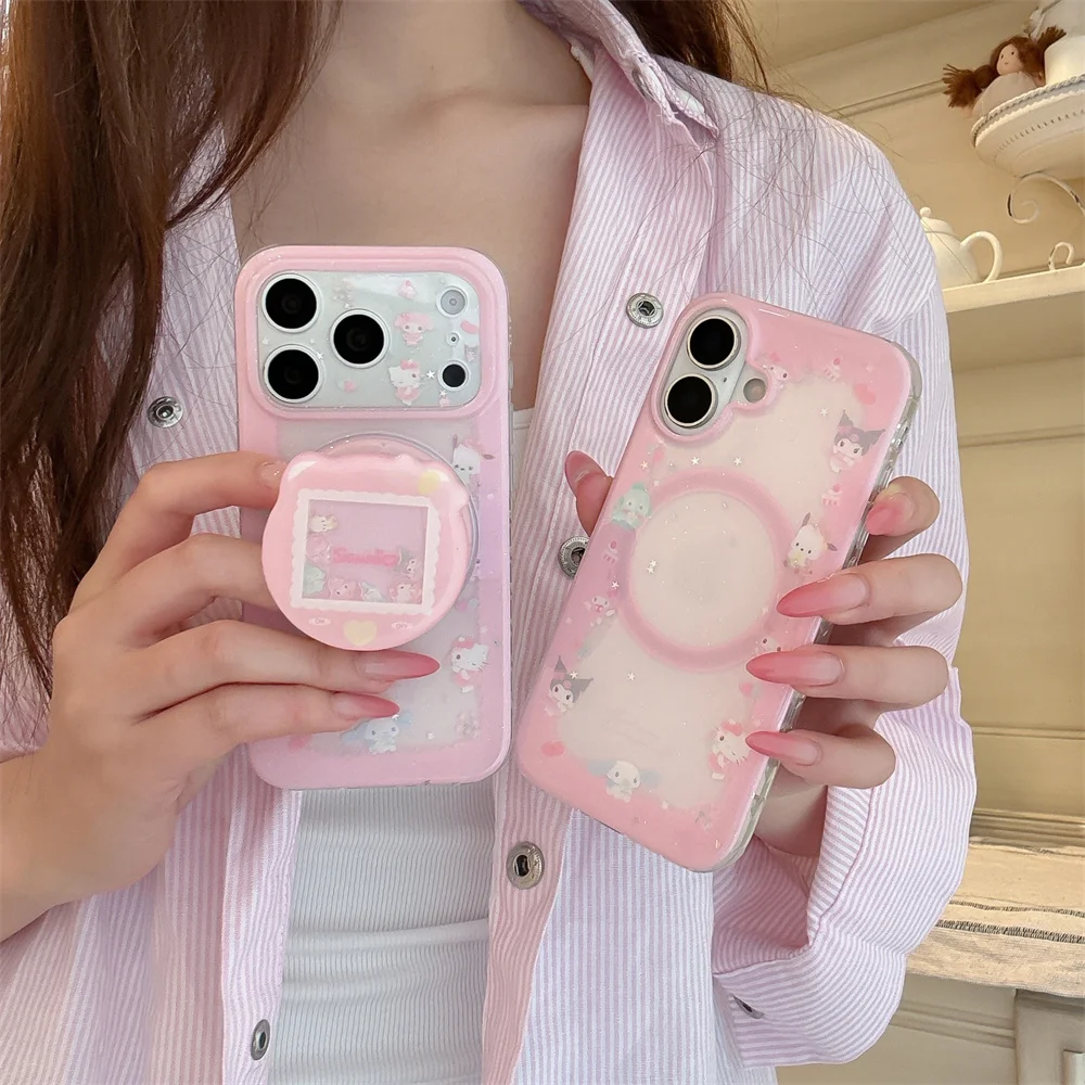 

Kawaii Kuromi HelloKitty Magnetic Phone Case With Magsafe Shake Cartoon Stand for iPhone 17 Pro 16 15 16 Max 15 Pro Max Cover