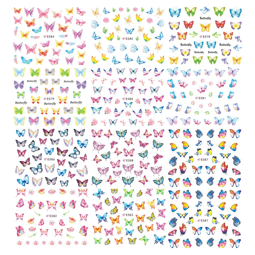 

12 шт. красочных наклеек с бабочками для маникюра, дизайнерские наклейки для женщин, очаровательные украшения для ногтей, принадлежности для нейл-арта