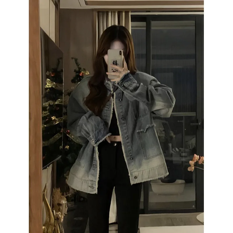 Retro Old Denim Coat for Women Autumn and Winter 2024 New Design Sense Niche Korean Version Loose Couple Jacket Top