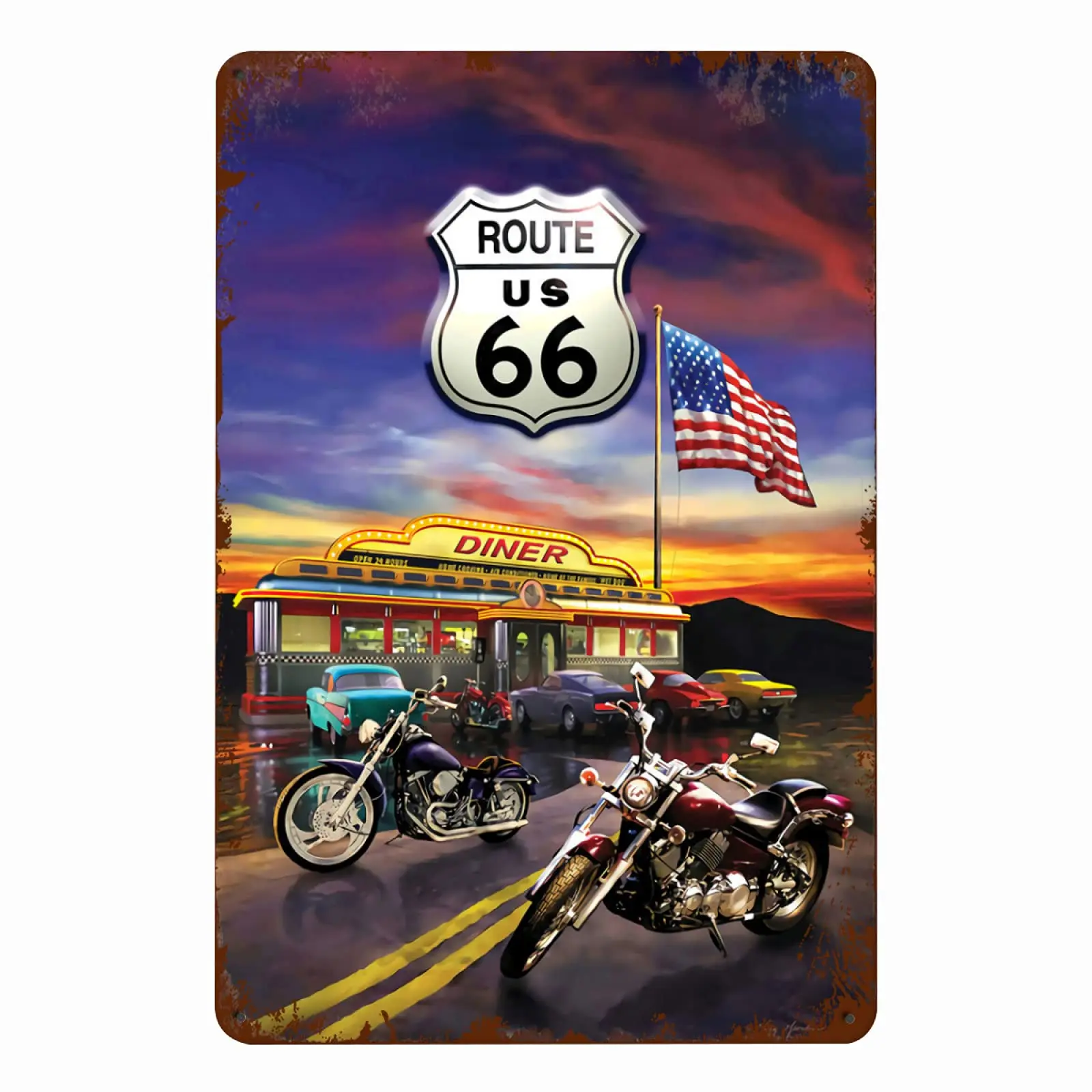 Route 66 Metal Signs High Way Diner Wall Decor for Home Kitchen Bar Patio Room Garage Retro Tin Poster Plaque