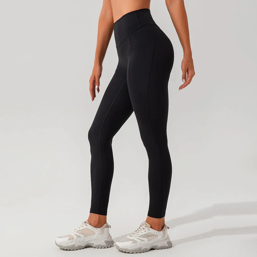 Outdoor-Sport, Laufen und Fitness, enge Yogahose mit Seitentaschen, feuchtigkeitsableitendes, hoch tailliertes und bauchstraffendes Design