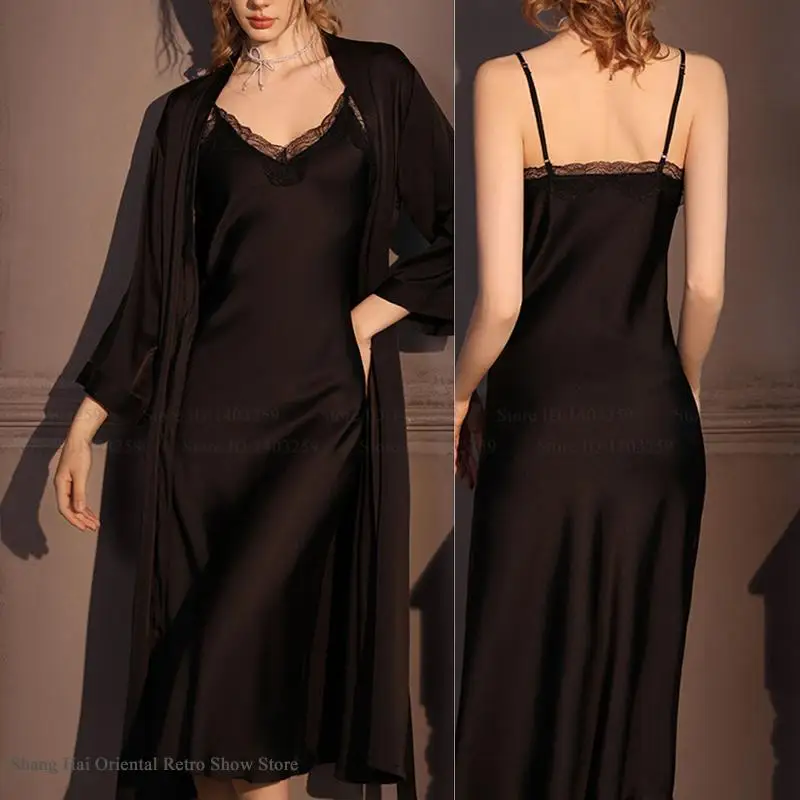 Elegante femminile Twinset Robe Set Lungo Kimono Accappatoio Abito Sexy Camicia da notte in pizzo Lingerie Primavera Autunno Nuovo Sleepwear Abito da casa