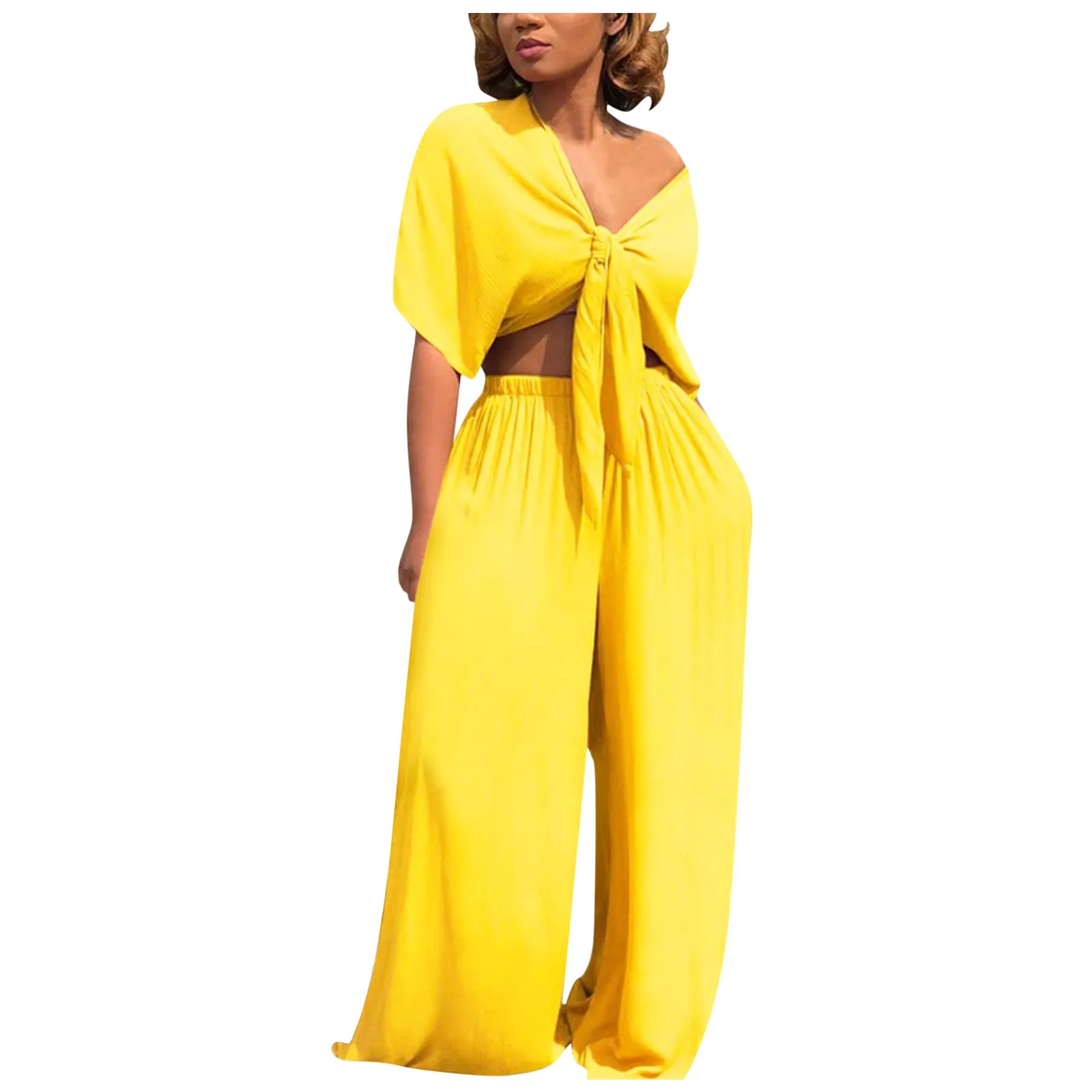 Women Loose Wide Leg Pants Bandage Lace Up Crop Top 2 Piece Set For Female Women v-Neck Short Sleeve Two Piece Set Women\'s Suits