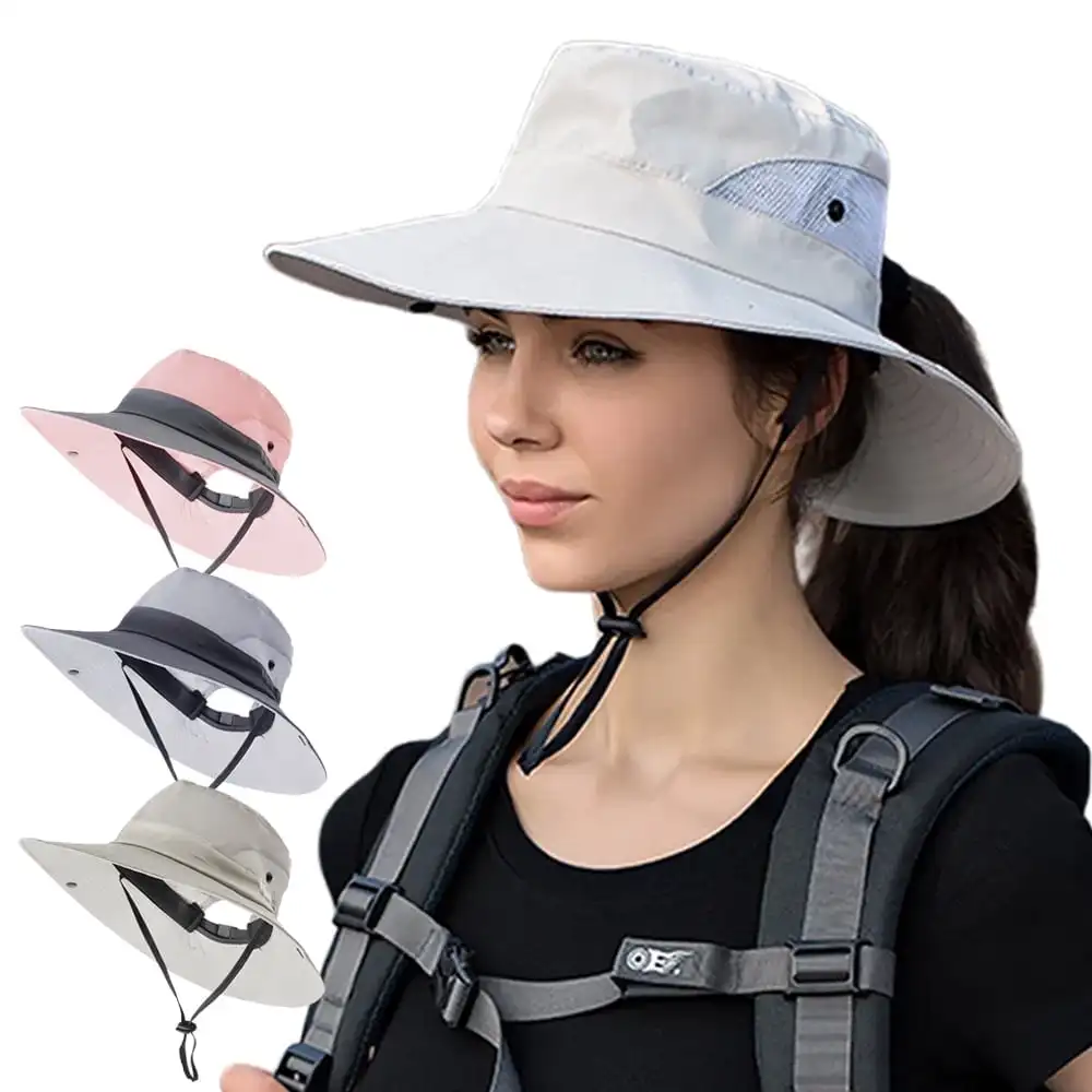 Sombrero de sol para mujer, ideal para el verano, con ala ancha, para llevar con la coleta, tipo boonie, con protección UV, plegable, de malla transpirable, perfecto para la playa, color beige.