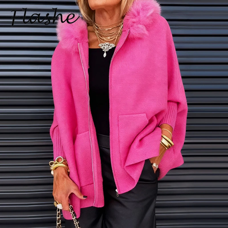 

Autumn Winter Knitwear Cardigan Women Fashion Knitted Jacket Female Hooded Fox Fur Coat Women Sweater Cardigan