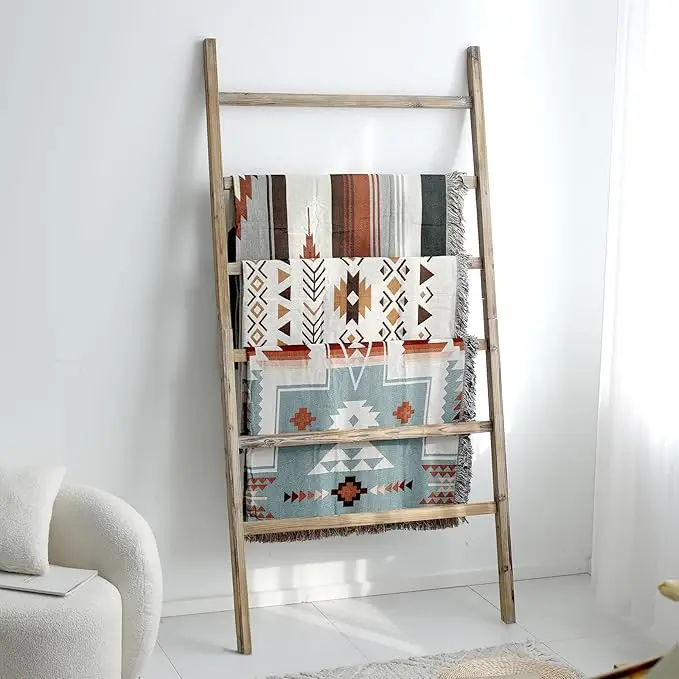 Extra Wide 6.4ft Wooden Blanket Ladder Living Room Decorative Wal Leaning Farmhouse Quilt Display Holder Rustic Wood