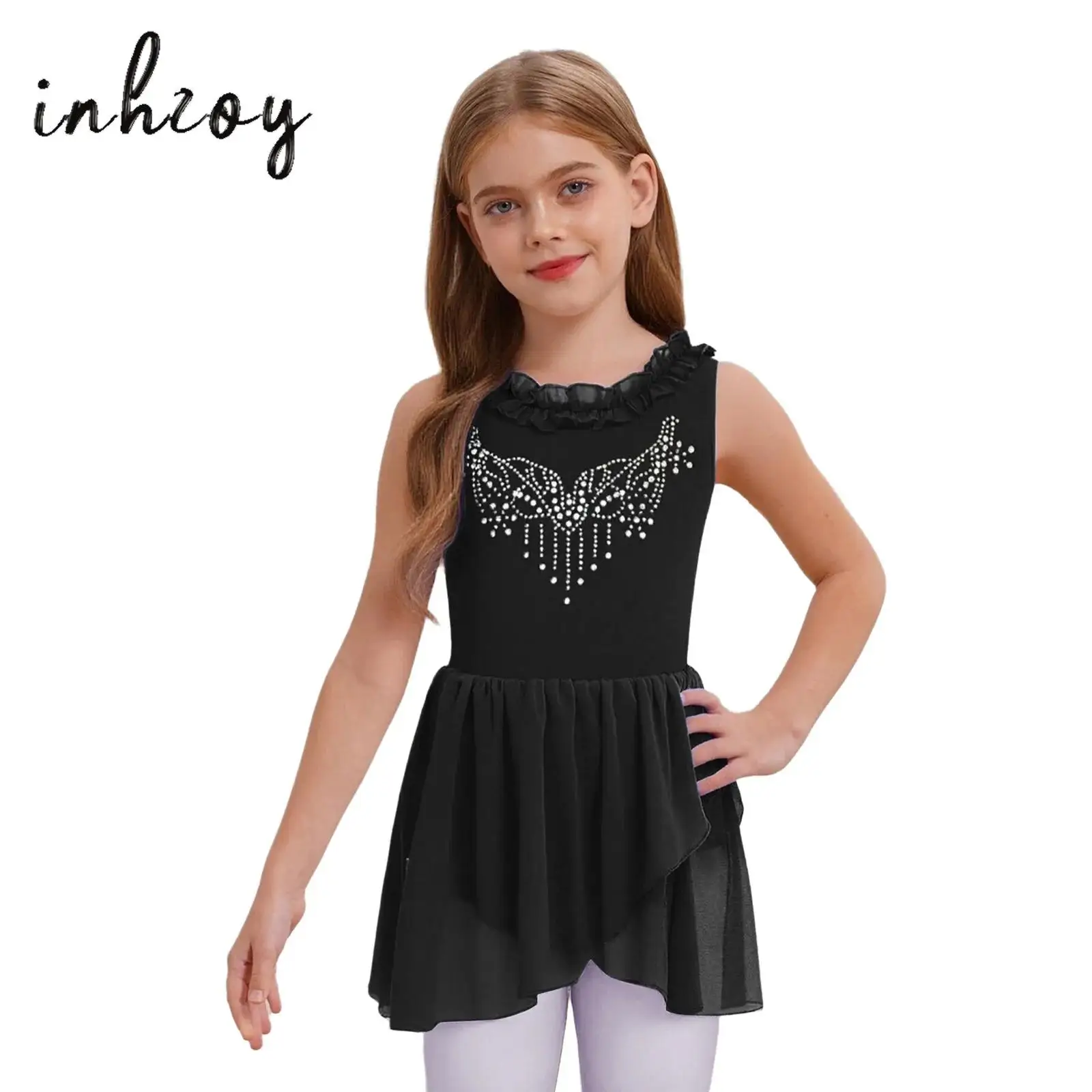 Kids Girls Ballet Dresses Sparkling Rhinestones Ruffled Collar Sleeveless U-Back Dance Leotard Dress for Performance Competition