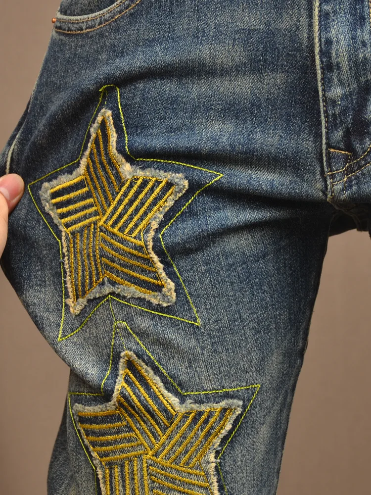 Retro XINGX Embroidered Jeans Men's Fashion Street Slim Fit Skinny Stretch Patch Washed Distressed Casual Men's Trousers