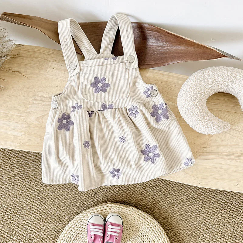 

LILIGIRL New Autumn Baby Dress Cute Embroidered Purple Flowers Girls Strap Dress Loose Korean Version Toddler Clothes 6M-3T